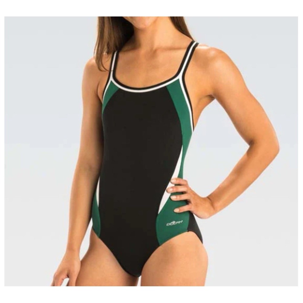 Dolfin Womens Reliance One Piece Swimsuit Size 40/14 Black Green T-Back Comp